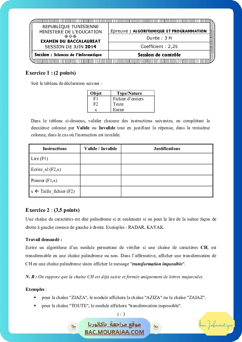 Sujet controle algorithme Bac 2014 – Section info